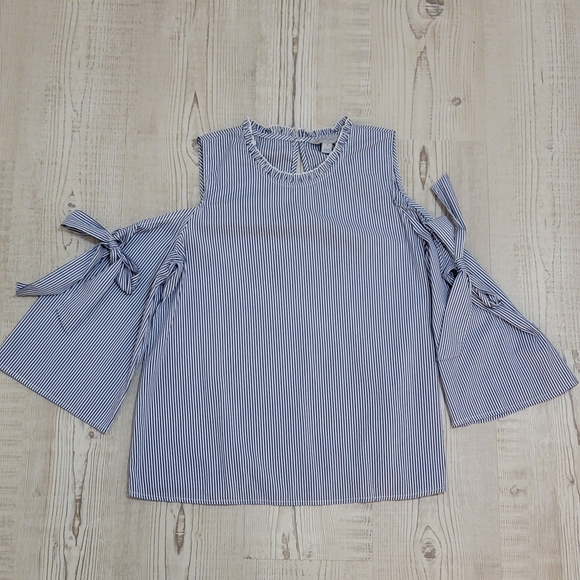 belle sky Tops - Belle Sky Striped Cold-Shoulder Blouse with Tie Bow Accents Small Nautical